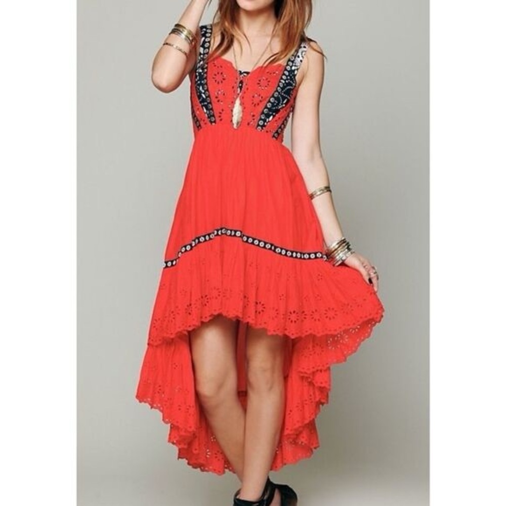 Free People Bossa Nova Eyelet Boho Hi-Low Maxi Dress Red Size 4 - Picture 3 of 7